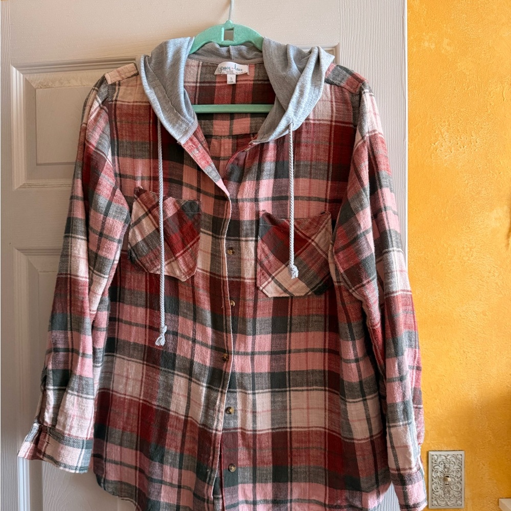 Grace & Lace Plaid Long Sleeve Hoodie - Red, Pink, Gray
